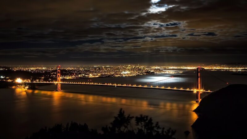 Golden Gate Bridge at Night — Black, Dramatic, Photograph, City Lights