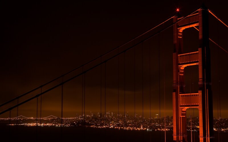 Golden Gate Bridge at Night — Black, Dramatic, Photograph, City Skyline, Suspension Cables