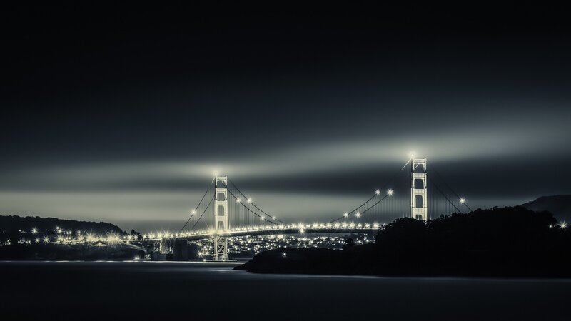 Golden Gate Bridge at Night — Black, Dramatic, Photograph