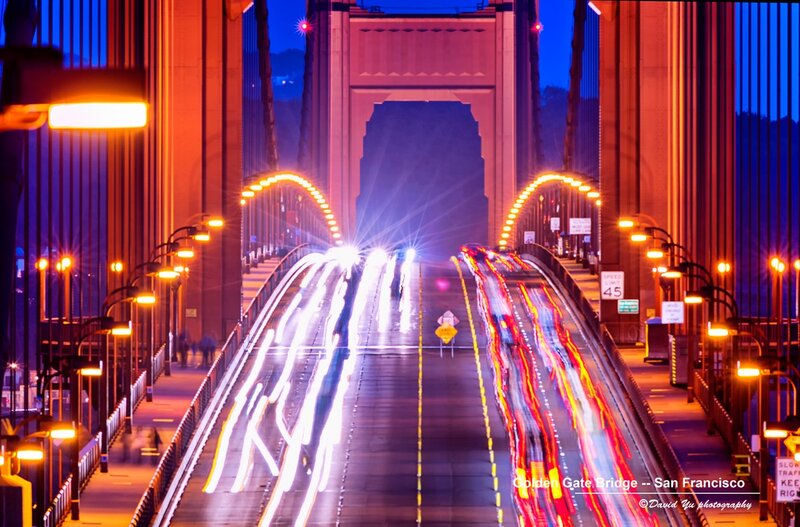 Golden Gate Bridge at Night — Blue, Dramatic, Photograph, Cars