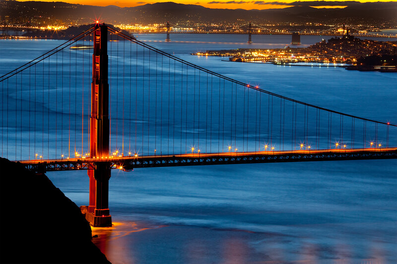 Golden Gate Bridge at Night — Blue, Dramatic, Photograph, City Lights, Bay