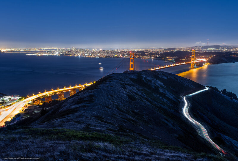 Golden Gate Bridge at Night — Blue, Dramatic, Photograph, City Skyline, Hills