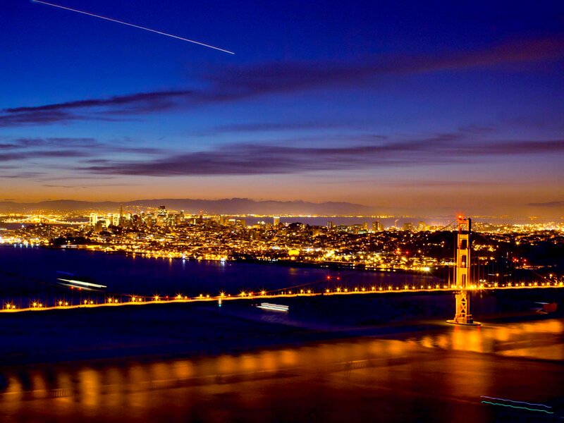 Golden Gate Bridge at Night — Blue, Dramatic, Photograph, City Skyline, Water