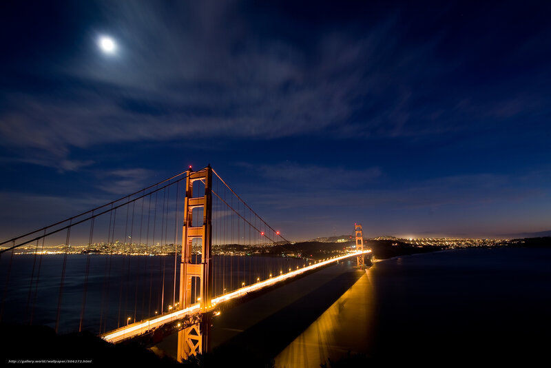 Golden Gate Bridge at Night — Blue, Dramatic, Photograph, Moon, City Lights, Water
