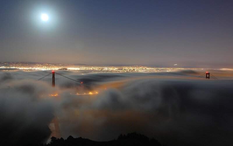 Golden Gate Bridge at Night — Blue, Dramatic, Photograph, Moon