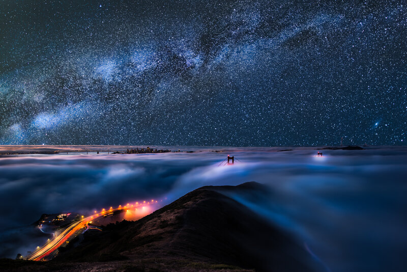 Golden Gate Bridge at Night — Blue, Dramatic, Photograph, Stars
