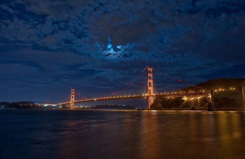 Golden Gate Bridge at Night — Blue, Dramatic, Photograph