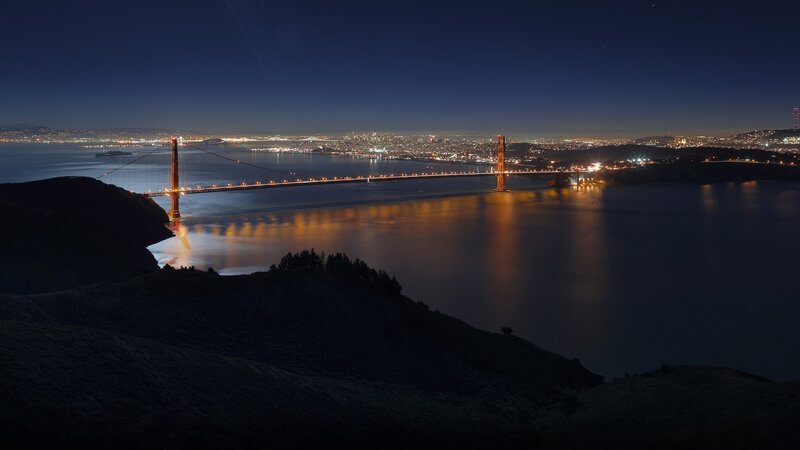 Golden Gate Bridge at Night — Blue, Serene, Photograph, City Lights, Bay
