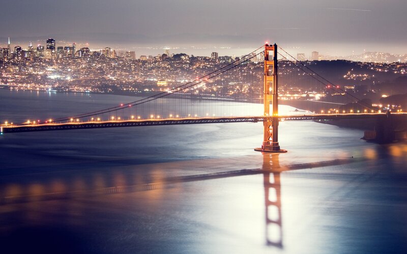Golden Gate Bridge at Night — Blue, Serene, Photograph, City Skyline