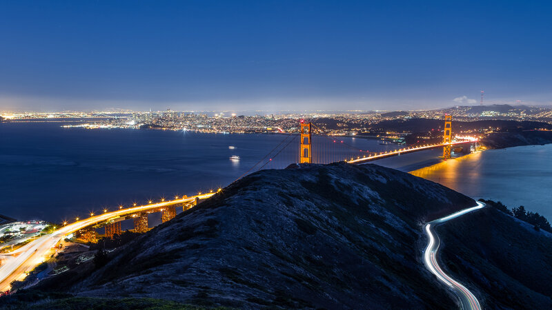 Golden Gate Bridge at Night — Blue, Serene, Photograph