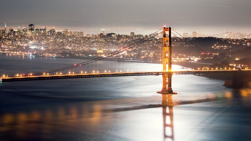 Golden Gate Bridge at Night — Gold, Serene