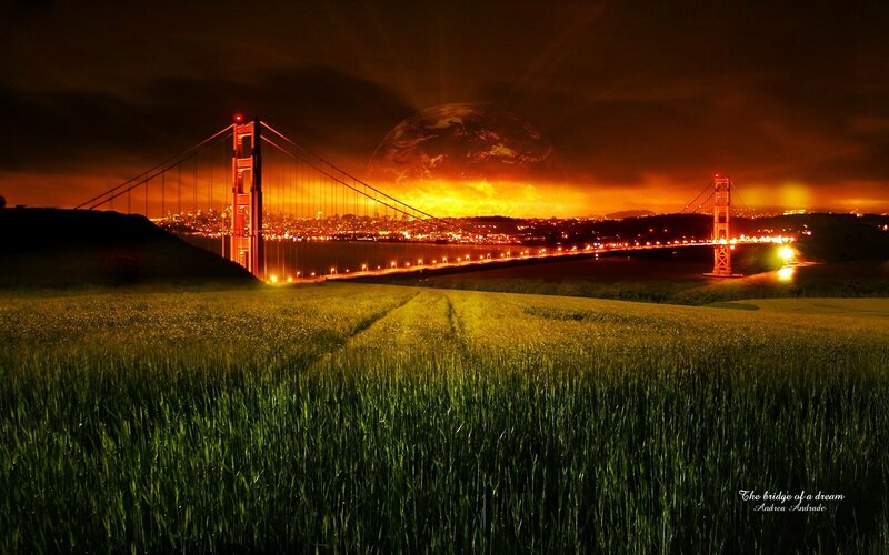 Golden Gate Bridge at Night — Green, Dramatic, Digital Art