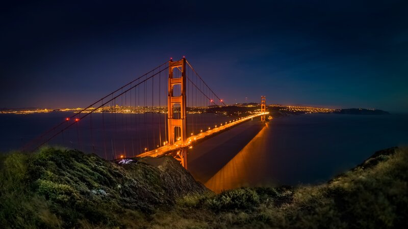Golden Gate Bridge at Night — Orange, Dramatic, Photograph, City Lights, Bay
