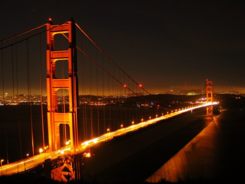 Golden Gate Bridge at Night — Orange, Dramatic, Photograph, City Lights, Bridge Cables