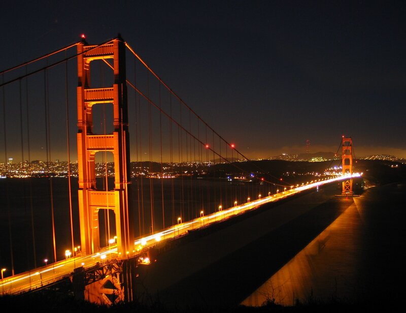 Golden Gate Bridge at Night — Orange, Dramatic, Photograph, City Lights