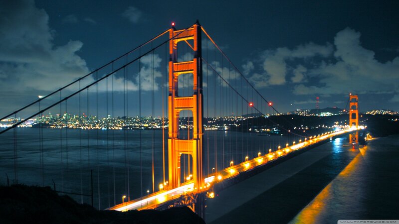 Golden Gate Bridge at Night — Orange, Dramatic, Photograph, City Lights, Water