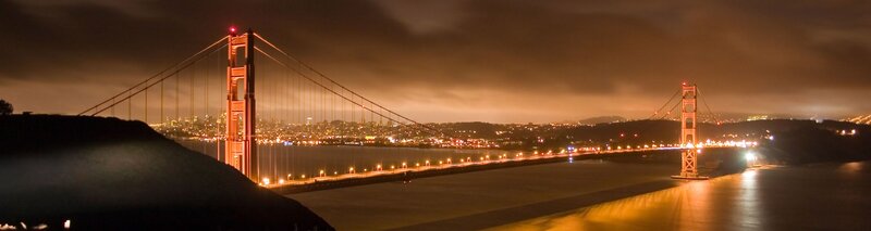 Golden Gate Bridge at Night — Orange, Dramatic, Photograph, City Skyline, Hills