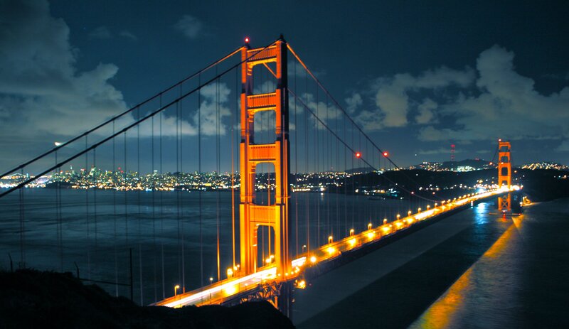 Golden Gate Bridge at Night — Orange, Dramatic, Photograph, City Skyline, Water