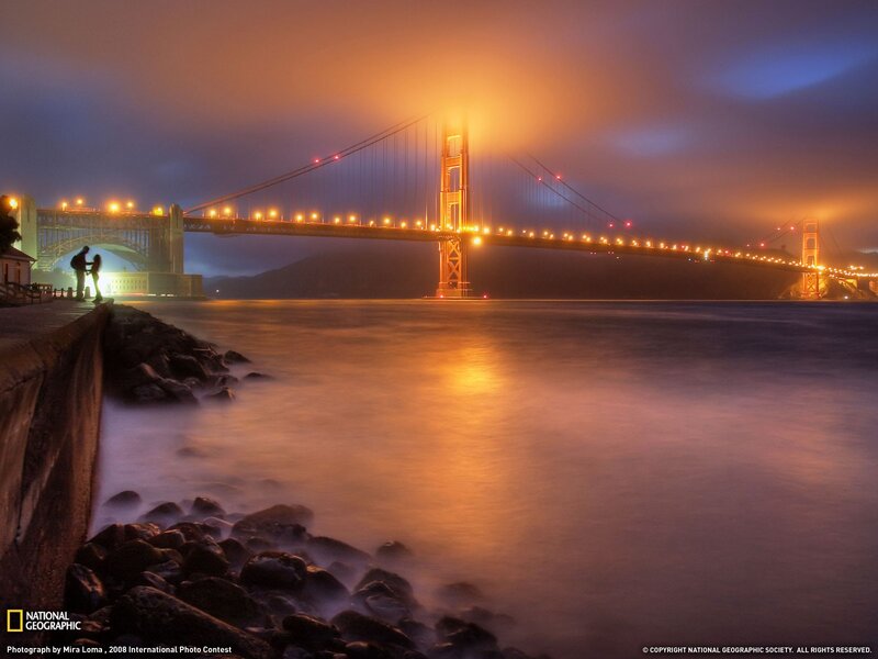 Golden Gate Bridge at Night — Orange, Dramatic, Photograph, Couple