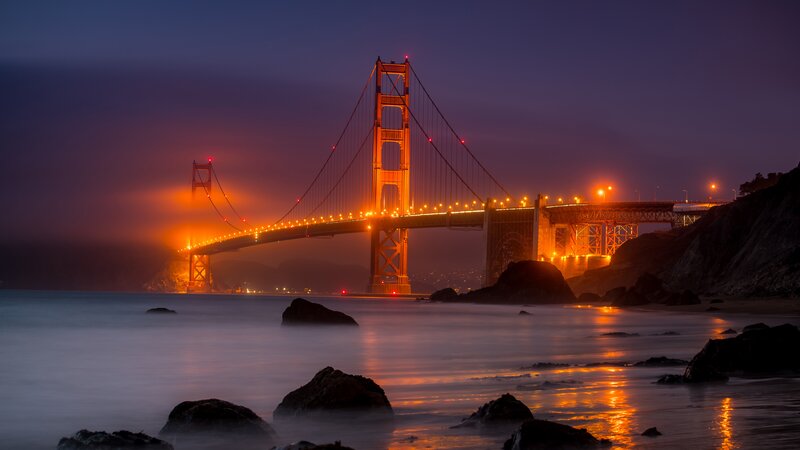 Golden Gate Bridge at Night — Orange, Dramatic, Photograph, Ocean