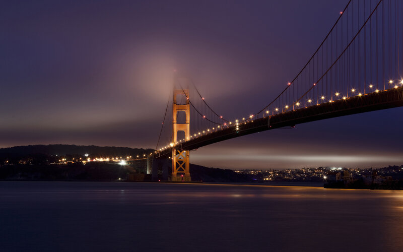 Golden Gate Bridge at Night — Purple, Dramatic, Photograph