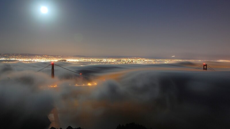Golden Gate Bridge at night with fog