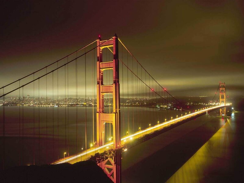 Golden Gate Bridge at Night — Yellow, Dramatic, Photograph