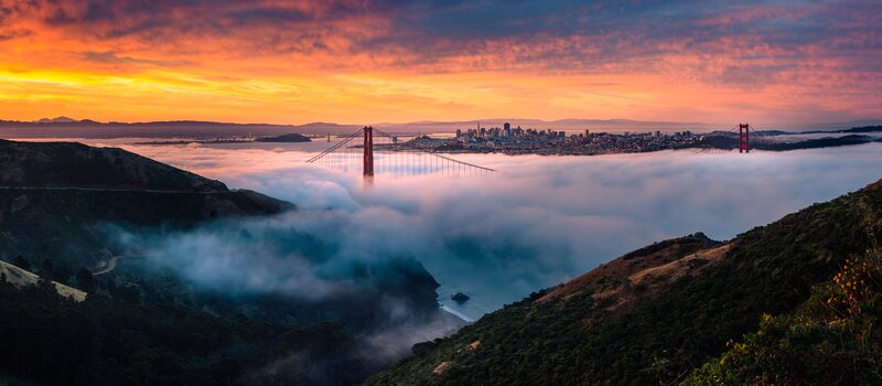 Golden Gate Bridge at Sunrise — Orange, Dramatic