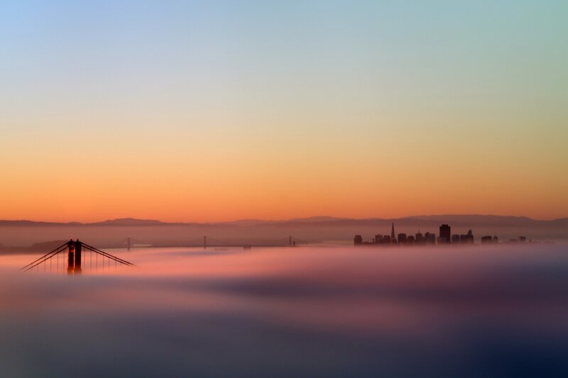 Golden Gate Bridge at Sunrise — Orange, Serene, Photograph