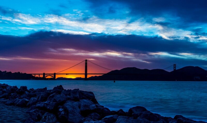 Golden Gate Bridge at Sunset — Blue, Dramatic, Photograph