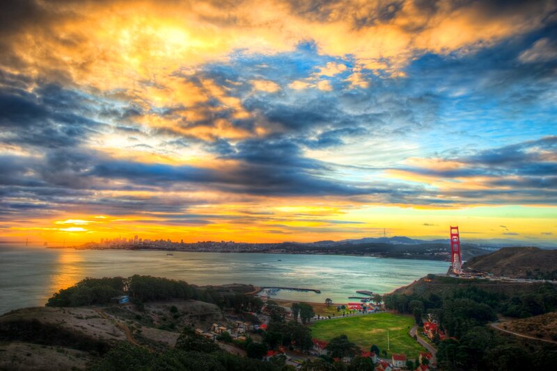 Golden Gate Bridge at Sunset — Orange, Dramatic, Photograph, City Skyline