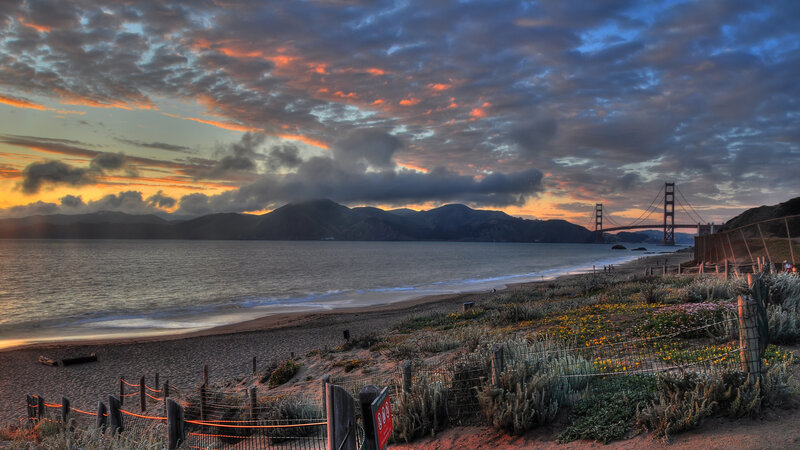 Golden Gate Bridge at Sunset — Orange, Dramatic, Photograph, Mountains