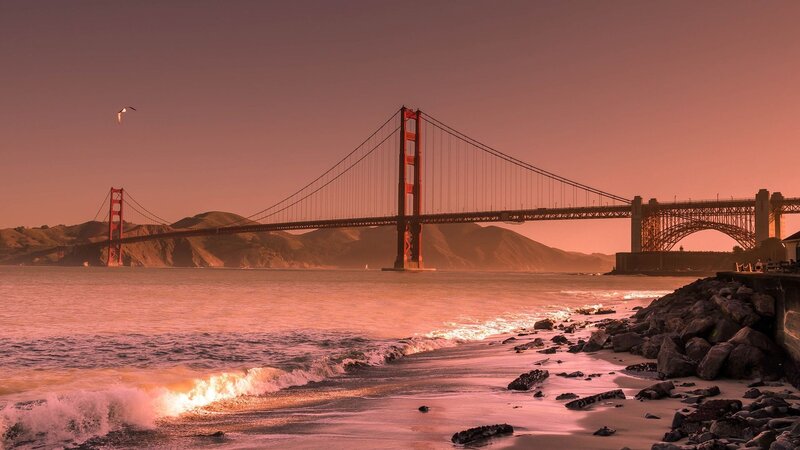Golden Gate Bridge at Sunset — Orange, Serene, Photograph