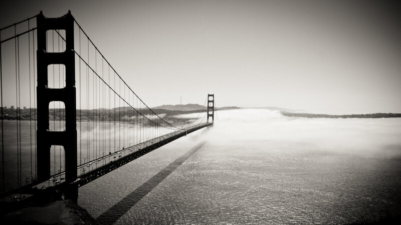Golden Gate Bridge — Black, Dramatic, Morning, Photograph, Fog, Water, Hills