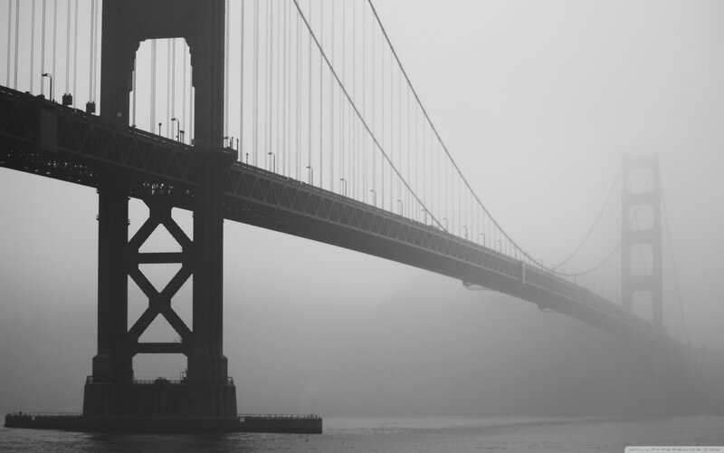 Golden Gate Bridge — Black, Misty, Photograph, Fog, Water, White