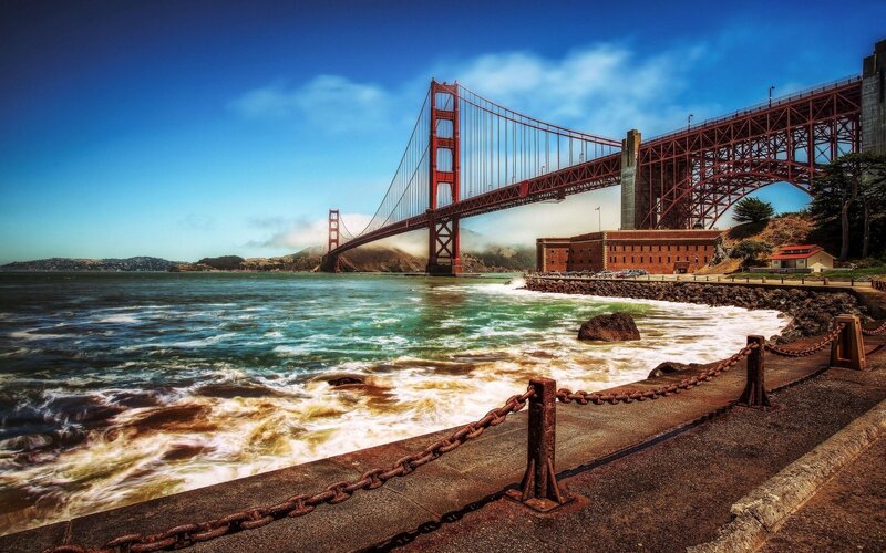 Golden Gate Bridge — Blue, Dramatic, Afternoon, Photograph, Ocean Waves