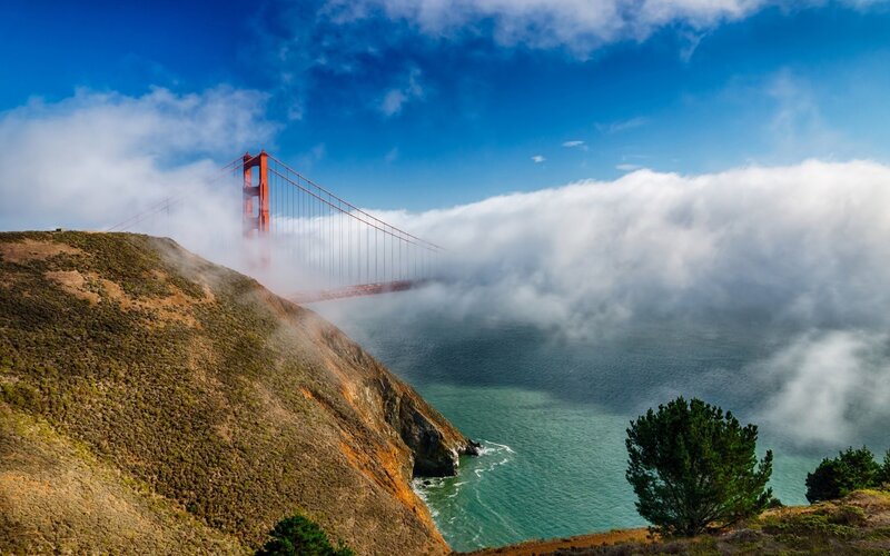 Golden Gate Bridge — Blue, Dramatic, Morning, Photograph, Clouds