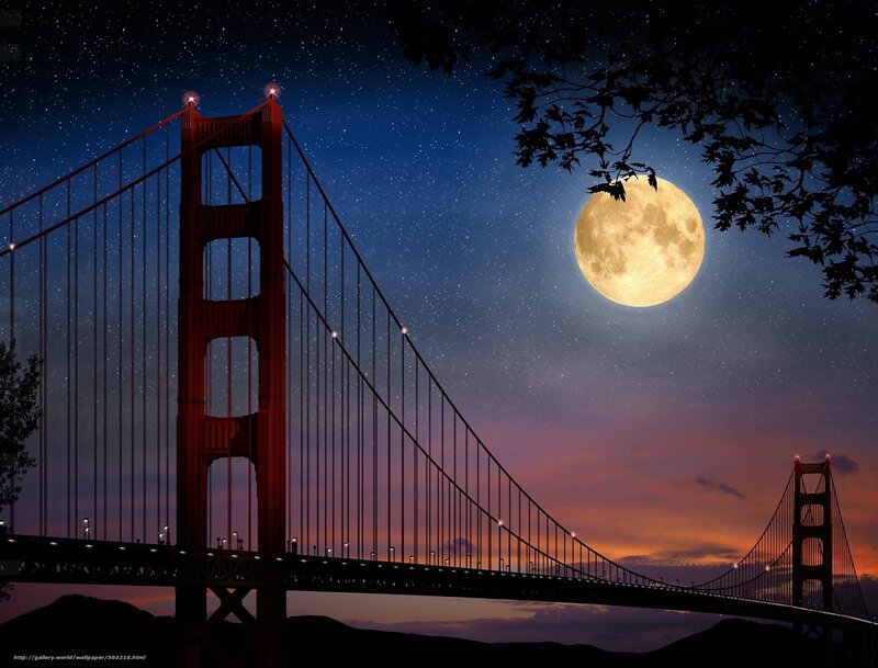 Golden Gate Bridge — Blue, Dramatic, Night, Digital Art, Moon