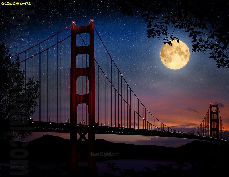 Golden Gate Bridge — Blue, Dramatic, Night, Digital Art
