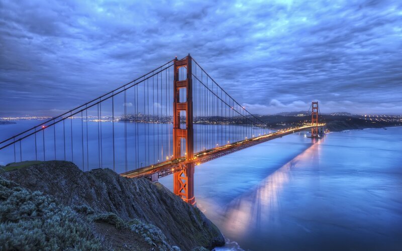 Golden Gate Bridge — Blue, Dramatic, Night, Photograph, City Lights