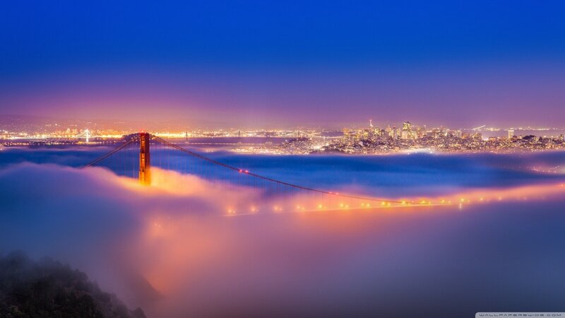 Golden Gate Bridge — Blue, Dramatic, Night, Photograph, City Skyline, Fog