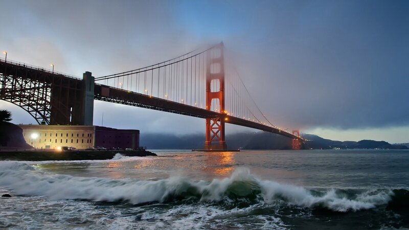Golden Gate Bridge — Blue, Dramatic, Night, Photograph, Fog