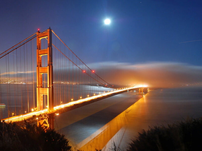Golden Gate Bridge — Blue, Dramatic, Night, Photograph, Moon, City Lights
