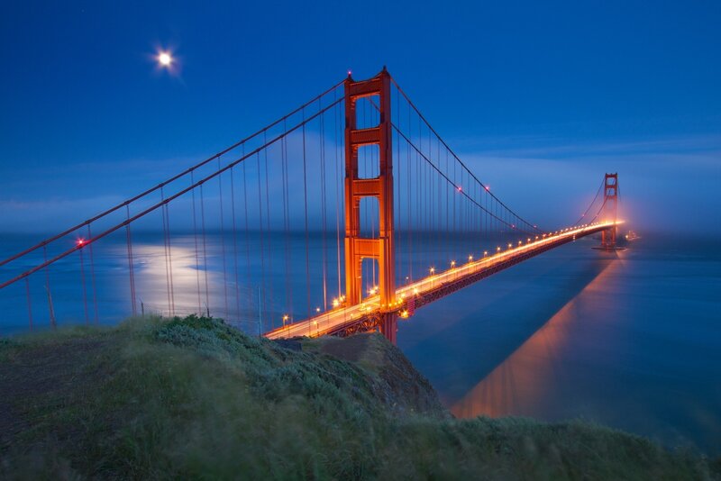 Golden Gate Bridge — Blue, Dramatic, Night, Photograph, Moon, Ocean