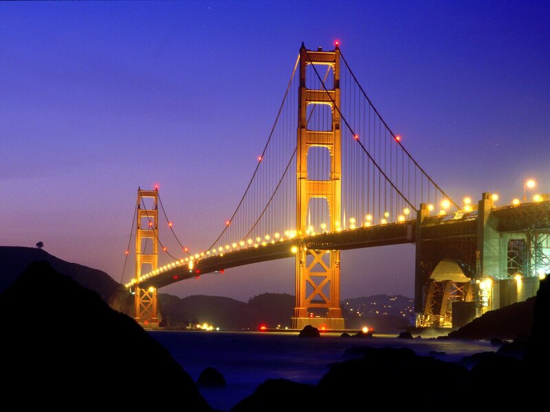 Golden Gate Bridge — Blue, Dramatic, Night, Photograph, Mountain, Water