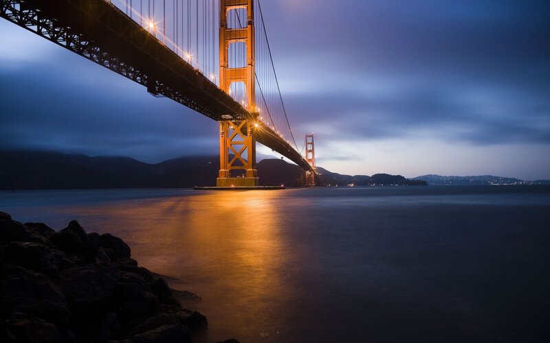 Golden Gate Bridge — Blue, Dramatic, Night, Photograph, Mountains, Water