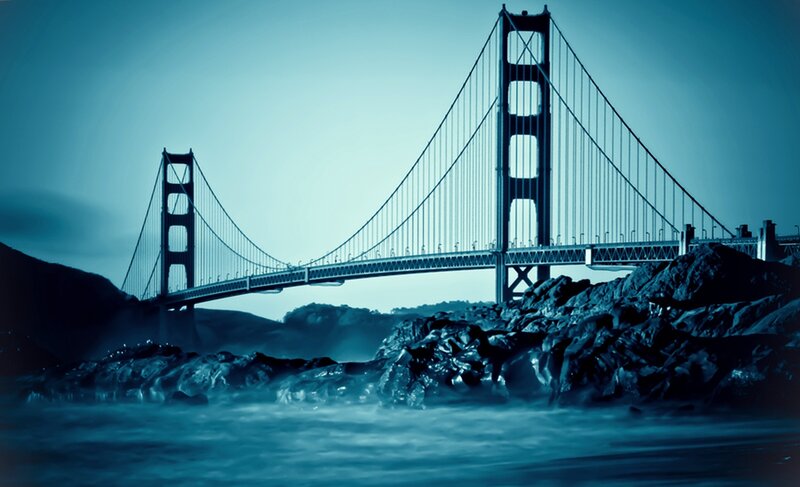 Golden Gate Bridge — Blue, Dramatic, Night, Photograph, Rocks
