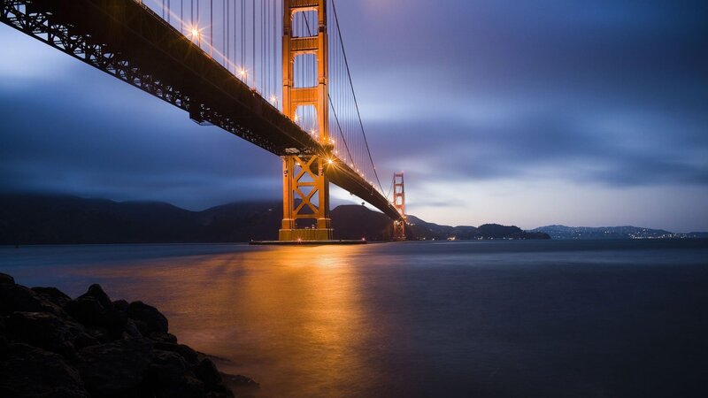 Golden Gate Bridge — Blue, Dramatic, Night, Photograph, Water