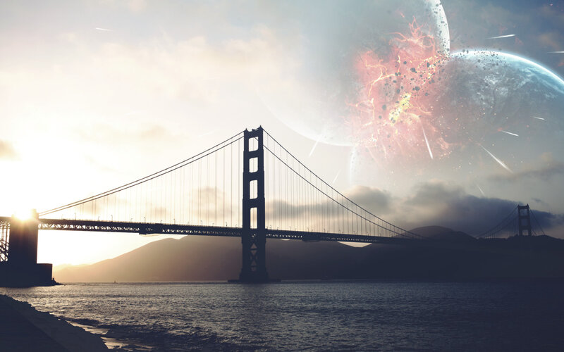 Golden Gate Bridge — Blue, Dramatic, Sunset, Digital Art