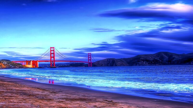 Golden Gate Bridge — Blue, Dramatic, Sunset, Photograph, Beach, Mountains